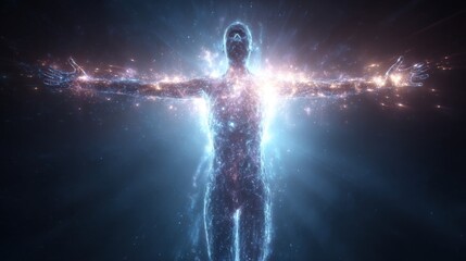 Obraz premium A glowing human shape stands with arms wide open enveloped in vibrant cosmic light representing unity with the universe and spiritual awakening in a mystical setting.