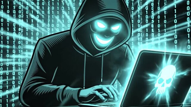 Digital Deception: A hooded figure, illuminated with a sinister glow, engages in illicit cyber activity, amidst a backdrop of binary code and digital chaos.