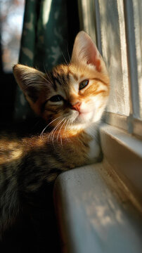Morning Light Spilling on Windowsill as Kitten Wakes Up in Soft Focus Cozy Scene