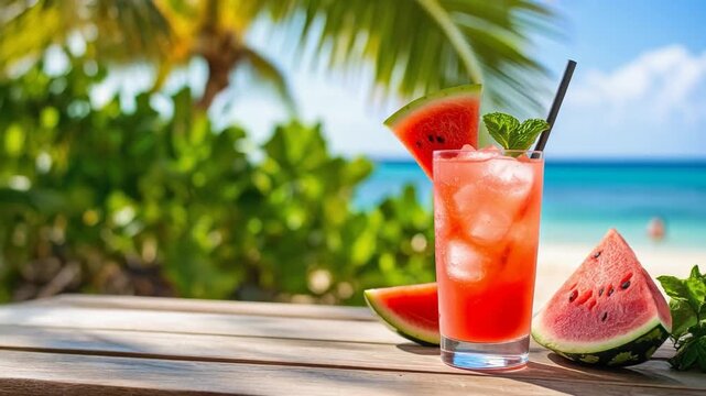Refreshing watermelon cocktail on a tropical beach table with ocean view and palm leaves, capturing summer vacation vibes, relaxation, and fresh fruity indulgence.