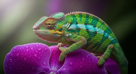 Obraz premium Vibrant Green Chameleon on Purple Flower.