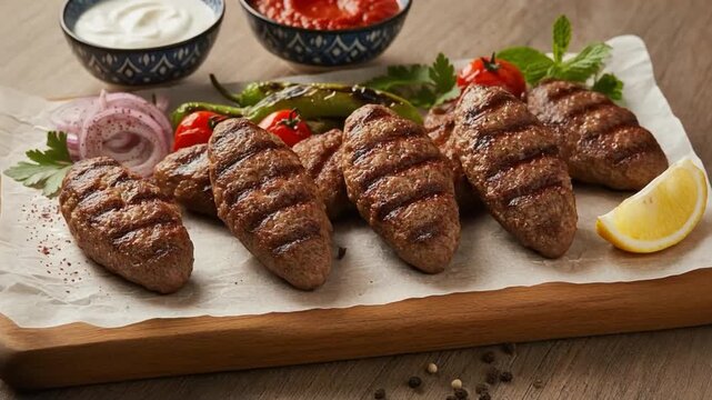 Traditional Turkish meatballs (k&ouml;fte) served with grilled peppers, tomatoes, onions, parsley, and sauces on rustic parchment paper.