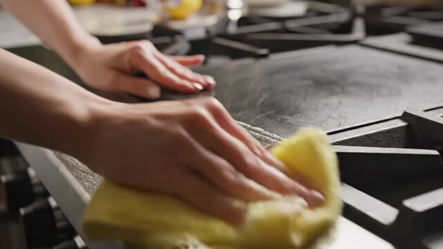 Close-up of hands cleaning a stainless steel stove with a yellow microfiber cloth. Person wiping soapy detergent from a gas range surface. Kitchen hygiene and spring cleaning concept