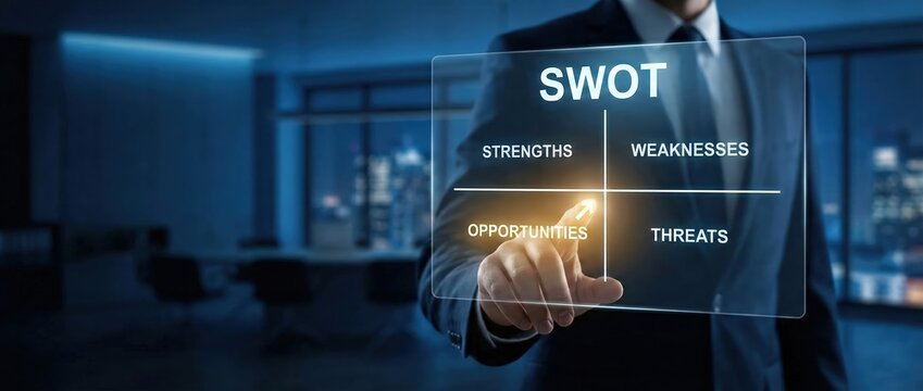 Businessman touching SWOT analysis matrix on futuristic screen, planning business strategy, identifying strengths, weaknesses, opportunities, threats in modern office Concept of corporate planning, de