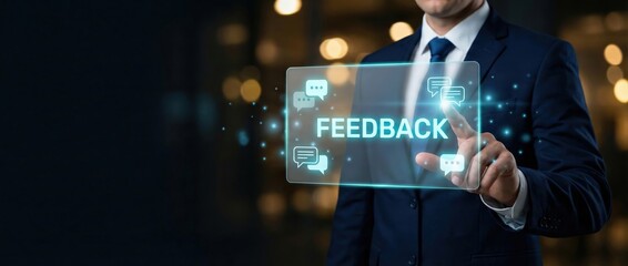 Businessman touching FEEDBACK on futuristic screen with chat bubbles, digital interface, customer service, communication, and online reviews concept