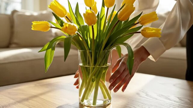 Woman placing a vase of yellow tulips on a wooden table in a sunny living room. Fresh spring flowers for home decoration and housekeeping. Interior design and renovation concept