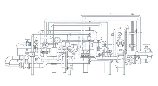 Detailed line art illustration of a complex industrial piping and valve system, showcasing intricate engineering for fluid control and distribution within a manufacturing or processing plant blueprint