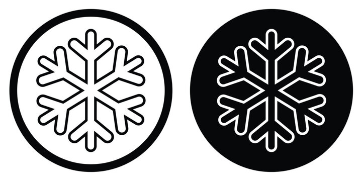 Minimalist snowflake icon set. Two circular vector symbols: a black snowflake in a thin line circle and a white snowflake on a solid black background. Ideal for weather apps, winter UI, and cooling.