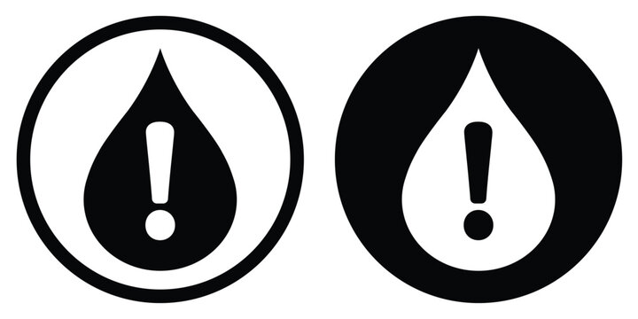 Minimalist water drop alert icons. Two circular vector symbols: a black drop with exclamation mark in a circle and a white version on solid black. Ideal for leak detection and low fluid warnings.