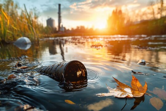 Polluted river with oil slicks and floating debris including plastic cup and autumn leaves at sunset, highlighting environmental contamination and water pollution impact