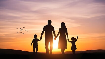 Fototapeta premium Silhouette of a happy family at sunset with a child flying a kite
