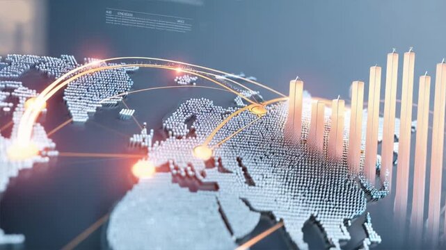 Abstract digital world map with glowing connections and data trends illustrating global technology and connectivity.