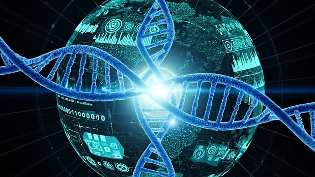 DNA Helix and the World: A digitally rendered image of a DNA double helix intertwining with a glowing globe, highlighting scientific innovation and global interconnection.