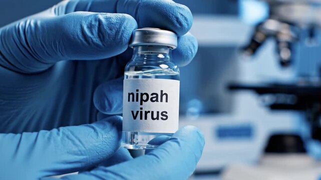 Close-up of a scientist in blue gloves holding a Nipah virus vaccine vial in a laboratory setting with a microscope. Concept of infectious disease research, medical breakthrough, and public health.
