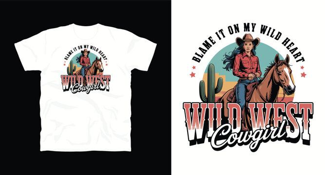 Wild west cowgirl design with a woman riding horse through desert cactus landscape