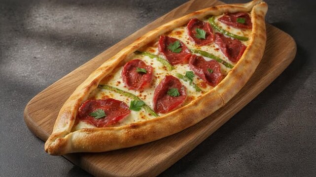A freshly baked Turkish pide topped with sucuk, cherry tomatoes, green peppers, and melted cheese, served on a wooden board in a cozy dining setting.