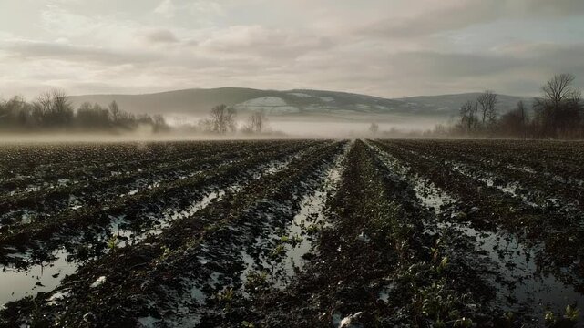 A misty, plowed field in winter with a distant mountain range