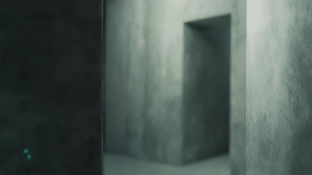 Abstract concrete walls forming a dark, complex labyrinth with floating particles, representing concepts of confusion, searching, new beginnings, opportunity, and problem solving