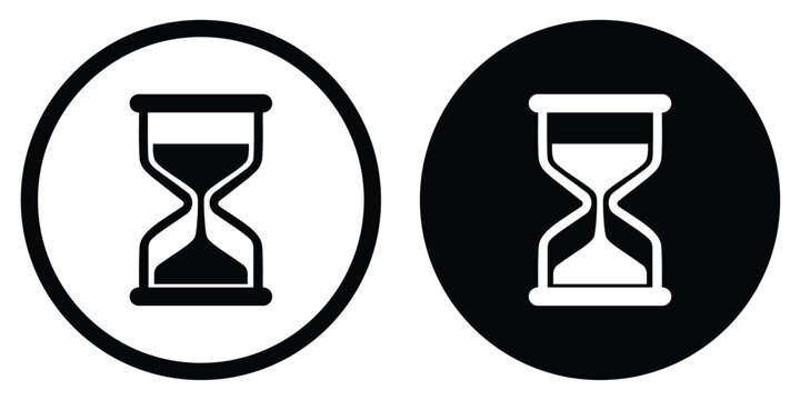 Hourglass vector icon representing time management. Circular black and white symbol for deadline, history, waiting process, and countdown timer for web and app interface design.