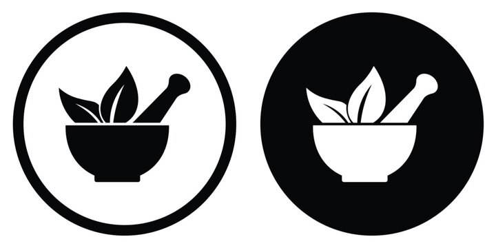 Herbal medicine and pharmacy icons featuring a mortar, pestle, and organic leaves for wellness, grinding, and natural remedies.