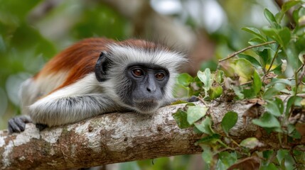 Obraz premium A monkey lounges on a tree branch surrounded by green leaves in a vibrant forest. Its calm expression captures a moment of tranquility in the wild reflecting natures beauty.