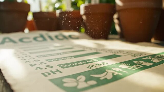 Close-up of a soil pH guide chart on a wooden gardening table. Terracotta pots in the background with sunlight and floating dust particles. Horticulture and cultivation concept