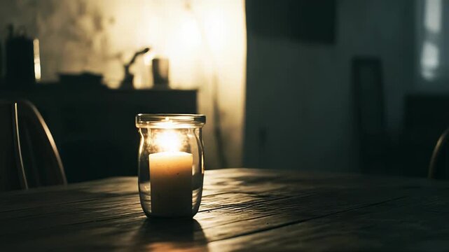 Warm candle glow illuminating a rustic wooden table in a dimly lit room, creating a cozy and intimate atmosphere, representing peace, solitude, and home comfort