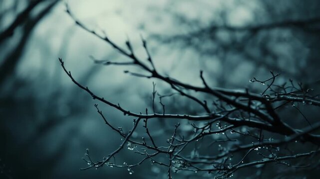 Bare tree branches dotted with tiny water droplets, evoking a cold, tranquil morning in a misty forest with soft bokeh and a peaceful, solitary mood