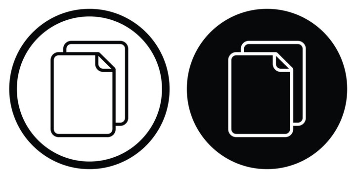 Copy files vector icon showing overlapping document sheets. Circular black and white button set for duplicate content, file management, and office paperwork organization symbols.