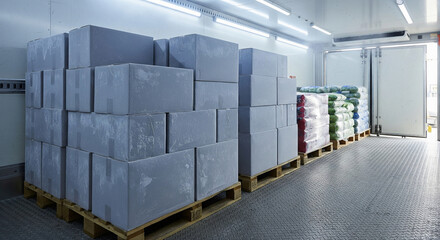 Boxes of frozen ice without logos on pallets with frozen goods in the back of a refrigerated truck, food storage and cold chain process.