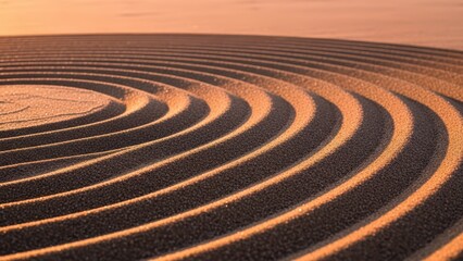Naklejka premium Concentric sand circles at sunset on tranquil beach reflecting warm golden light and natural patterns in serene coastal scene