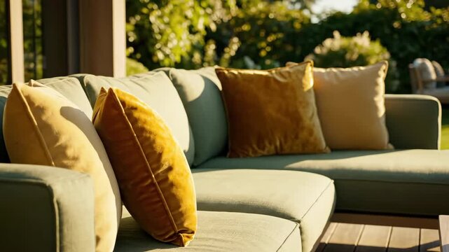 Modern outdoor sofa with yellow pillows in a sunny garden. Comfortable patio furniture for backyard relaxation. Luxury home exterior and design concept