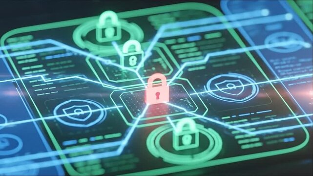 Digital Fortress: An abstract depiction of robust data security and protection, featuring interconnected digital padlocks and encrypted connections within a futuristic digital interface.