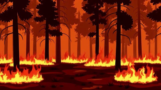 Dramatic view of forest fire devouring towering trees on a hillside, flames soaring under a foreboding red‑orange sky, captured in detail
