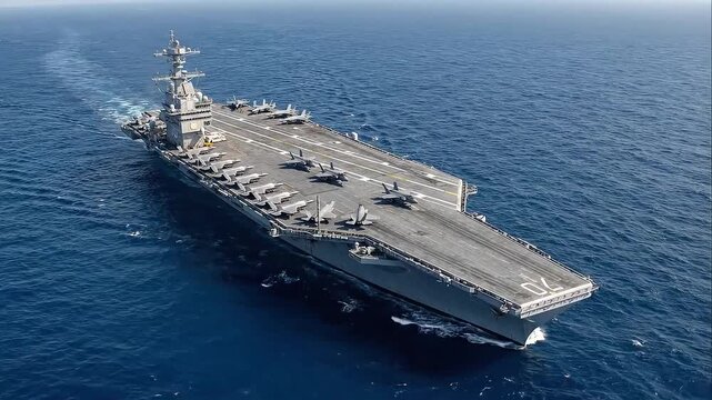 Modern aircraft carrier sailing across open ocean, showcasing naval power, military technology, and strategic defense capabilities from an aerial perspective.
