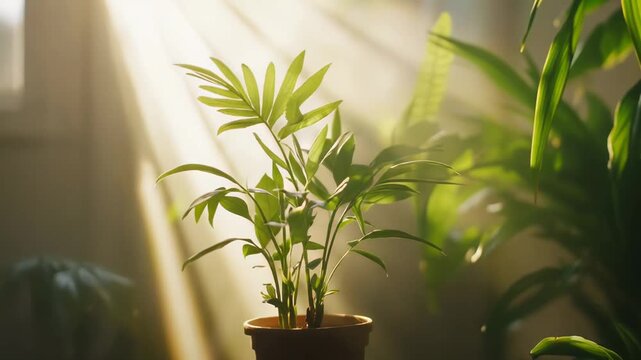 Potted green parlor palm plant thriving indoors, basking in warm atmospheric sunbeams streaming through a window, bringing a sense of vitality and natural beauty to the home environment