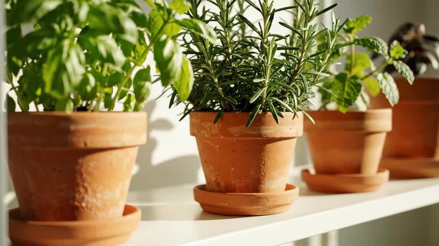 A row of fresh herbs growing in clay pots in bright sunlight. Home gardening with basil and rosemary. Healthy and organic food concept