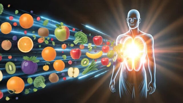 The Essence of Wellness: A visual representation of a healthy lifestyle with a human silhouette, illustrating the infusion of fresh fruits and vegetables.