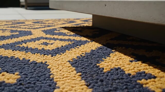 Close-up of a textured outdoor rug with a yellow and blue geometric pattern. Modern patio furniture and decor in bright sunlight. Slow sliding shot of carpet fibers