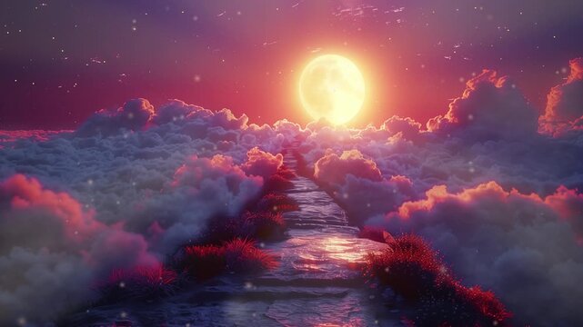 Sky bridge to bright moon video LoFi animation. Stone path above clouds in dreamlike moonlight. Animated Lo-Fi aesthetic footage 4K clip motion graphics with floating dust particles