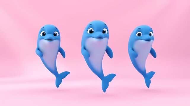 Three cute blue dolphins dancing playfully, digital art, on a pink background, animated, marine life, aquatic, happy, stylized, smiling, sea creatures