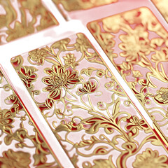 Elegant pink and gold floral designs on rectangular cards