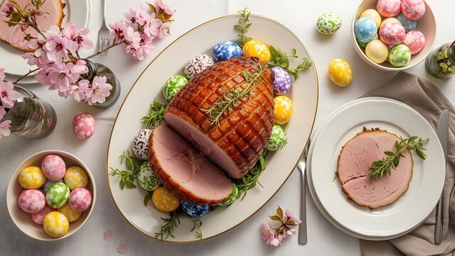Easter ham dinner table setting with decorative eggs and flowers