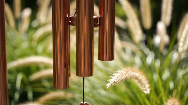 Copper wind chimes swaying gently in a garden. Outdoor decoration among ornamental fountain grass. Natural backyard ambiance
