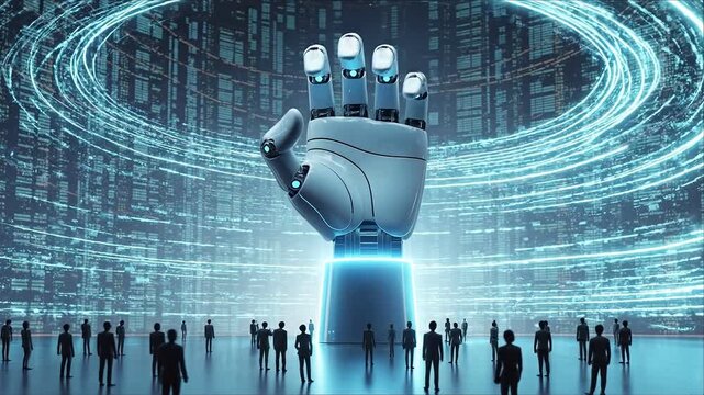 Digital Dominion: A monumental robotic hand reaches skyward, commanding attention amidst a digital matrix. Silhouetted figures of humans stand in awe below.