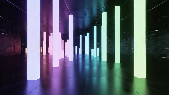 Bright vertical neon light bars shifting staggered patterns glowing multicolor tones cinematic futuristic ambience surreal ethereal atmosphere cascading softly glowing layers