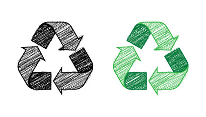 Scribble doodle recycle icon set in black and green colors. Vector illustration