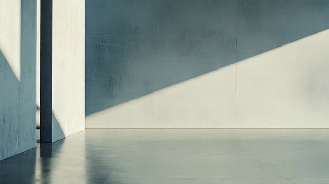 Modern minimalist room featuring abstract shadows creating dynamic patterns on textured concrete walls and polished floor surface, conveying space, light, and solitude