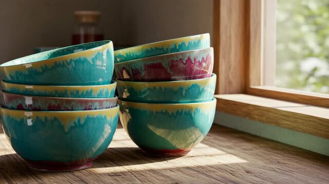Teal and Pink Ceramic Bowls on Wooden Table in Sunlight