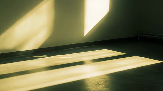 Sunbeams entering an empty room, casting strong geometric shadows on the textured floor and wall, creating a dramatic interplay of light and dark within the interior space